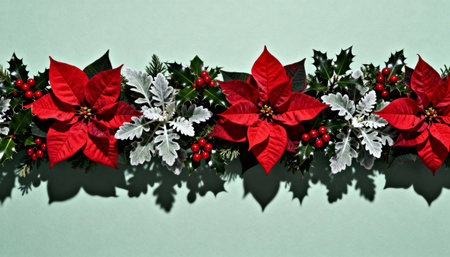 Christmas garland featuring vibrant red poinsettias, holly leaves, silver foliage, and red berries arranged in a festive design. Light green background enhances the holiday theme.の素材