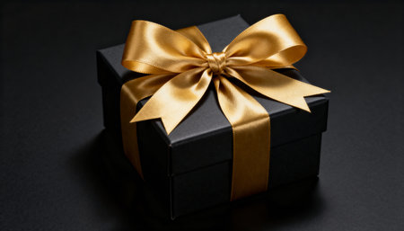 Black gift box adorned with a shiny golden ribbon bow, placed on a dark background. Ideal for themes of luxury, celebration, gifting, or special occasions like birthdays or holidays.の素材