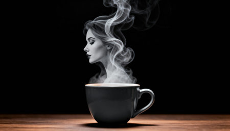 Steaming cup on a wooden table with swirling smoke that forms a woman's profile above the rim, set against a wide dark background with ample empty space available for text and design in editorial or commercial layoutsの素材