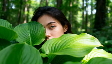 Woman gazing through vibrant green leaves in a serene forest setting. Sunlight filters through the trees, creating a peaceful and natural atmosphere.の素材