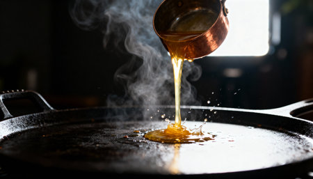 Hot caramel sauce flows from a copper saucepan onto a heated cast iron skillet, creating steam and a dramatic culinary scene. Dark background enhances the warm tones.の素材