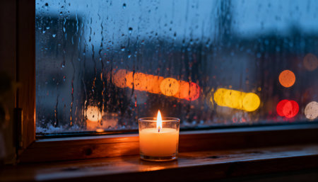 A glowing candle placed on a wooden windowsill, with raindrops covering the glass window. Blurred colorful city lights create a warm and cozy atmosphere during a rainy evening.の素材