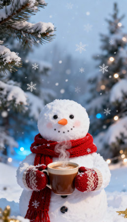 Cheerful snowman wearing a red scarf and mittens holds a steaming cup of hot chocolate in a snowy forest. Snowflakes fall gently, with festive lights in the background.の素材