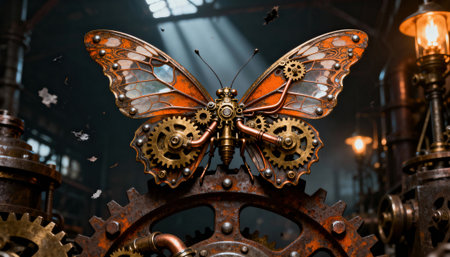 Mechanical butterfly assembled from brass gears and copper fittings rests on a large rusted cog in a dim industrial loft, with moody light beams and blurred background offering empty space for text and design layoutsの素材