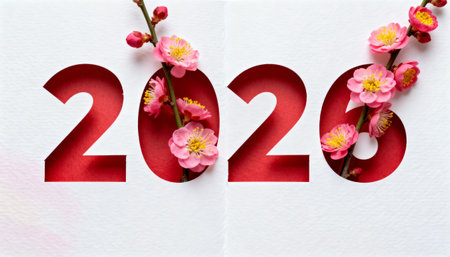 Red "2026" text cut out on white textured paper with vibrant pink plum blossoms arranged decoratively, representing Lunar New Year, renewal, and the arrival of spring.の素材