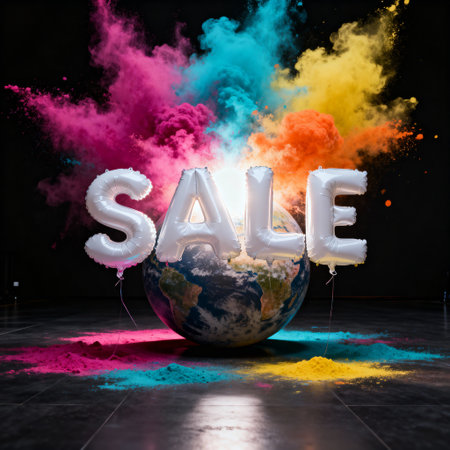 White balloon letters forming the word "SALE" placed above a globe, surrounded by an explosion of colorful powder in pink, yellow, blue, and orange hues on a dark background.の素材