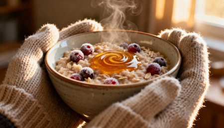 Steaming bowl of oatmeal topped with a honey swirl and fresh cranberries, held by gloved hands. Sunlight streams through a window, creating a warm, cozy atmosphere.の素材