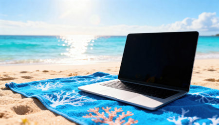 Laptop sits on a patterned beach towel by clear turquoise water with visible copyspace on the sky and screen, evoking remote work, travel productivity and summer leisure on a sunny sandy shoreの素材
