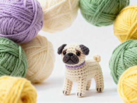 Handmade crochet pug dog figurine crafted with intricate details, placed among pastel-colored yarn balls in shades of yellow, green, cream, and purple on a white background.の素材