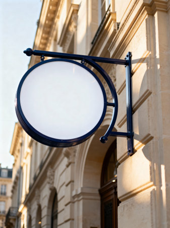 Blank circular shop signboard with a black metal frame attached to a beige stone wall of a traditional building. Sunlight highlights the architectural details of the urban environment.の素材