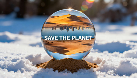 Crystal ball rests on snow with an inverted desert reflection and bold SAVE THE PLANET message conveying climate contrast and environmental urgency. Open space around the subject is available for text or overlaysの素材