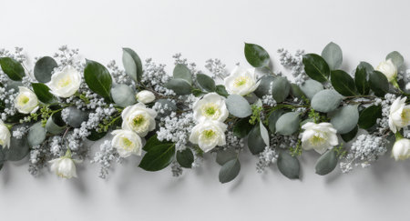 Beautiful horizontal floral arrangement featuring white roses, eucalyptus leaves, and delicate baby's breath flowers. Perfect for weddings, events, or romantic themes.の素材