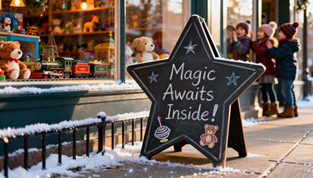 Charming toy store window decorated with colorful toys and a star-shaped chalkboard sign reading "Magic Awaits Inside!" on a snowy sidewalk. Children admire the display.の素材