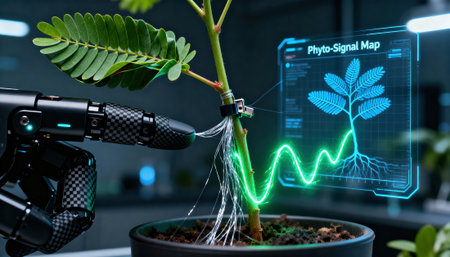 Robotic arm probes a potted plant while a holographic phyto-signal map visualizes root and leaf diagnostics in a lab setting, with a blurred dark background and available space for text or overlayの素材