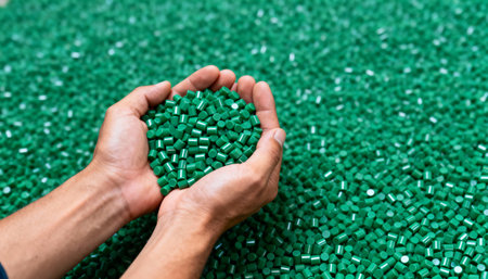 Close-up of hands cupping green plastic polymer pellets, surrounded by a large pile of similar granules. Represents raw materials for manufacturing or recycling processes.の素材
