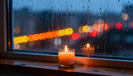 A glowing candle placed on a wooden windowsill, with raindrops covering the glass window and colorful blurred city lights creating a cozy atmosphere during a rainy evening.の素材