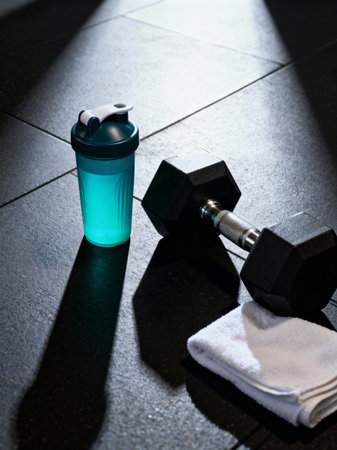 Close-up of a gym scene featuring a blue protein shaker, a black dumbbell, and a white towel placed on a dark tiled floor. Dramatic lighting creates strong shadows.の素材