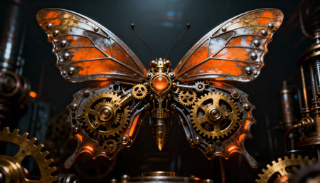Mechanical butterfly with exposed brass gears and a glowing orange core on a dark industrial background, detailed metallic wings and cogwork, with negative space above suitable for text placement and designの素材