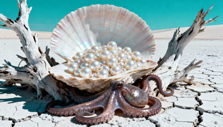Octopus positioned beside a large iridescent seashell overflowing with pearls, set on a cracked desert landscape. Driftwood and a vibrant turquoise sky enhance the surreal composition.の素材
