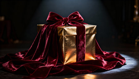 Elegant golden gift box adorned with a rich red velvet ribbon, placed on a matching velvet fabric. The scene is illuminated by dramatic lighting, creating a luxurious and festive atmosphere.の素材