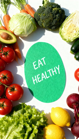 Fresh vegetables and fruits, including tomatoes, carrots, broccoli, avocado, lemons, and lettuce, arranged around green paper with text "EAT HEALTHY" encouraging a nutritious diet.の素材