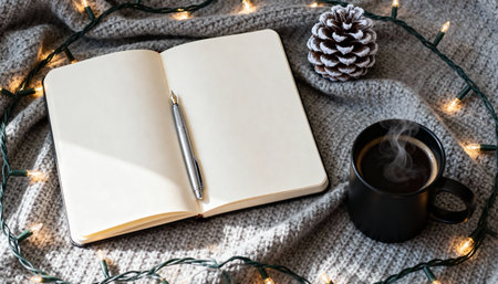 Open notebook with a silver pen placed on a soft gray knitted blanket, surrounded by glowing fairy lights, a frosted pinecone, and a steaming black coffee mug.の素材
