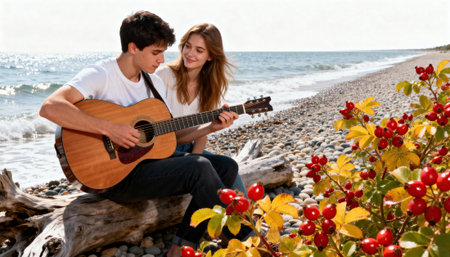 Couple plays acoustic guitar on a pebble beach with gentle waves, driftwood seating, and colorful berry bushes in the foreground, showing relaxed coastal leisure and available space for text in the pale sky areaの素材