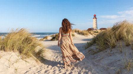 Woman walks along sandy dunes toward a coastal lighthouse under a clear blue sky, with wind-swept grasses and a textured sandy path leading toward the tower, and there is available space for text on the open sky and foreground areasの素材