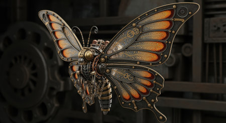 Mechanical butterfly combines intricate gears and metallic filigree wings with warm translucent panels and engraved details in an industrial workshop setting. The composition emphasizes texture, motion, and vintage mechanicsの素材