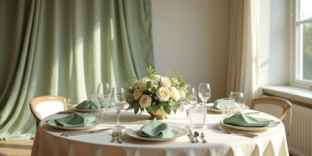 Sophisticated table arrangement featuring a white tablecloth, green napkins, and a floral centerpiece of white roses. Sunlight streams through a window, creating a serene ambiance.の素材