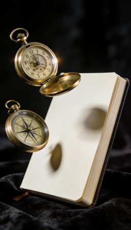 Pocket watch and compass float above an open notebook with blank pages, providing visible space for text on a dark velvet background. The vintage brass instruments and soft shadows create a timeless, conceptual compositionの素材