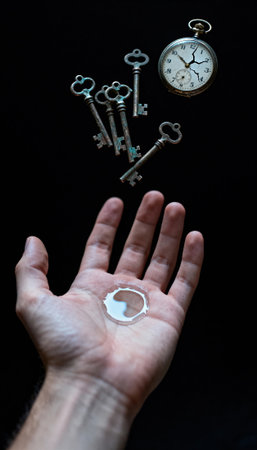 Hand holds a broken glass shard as antique skeleton keys and a pocket watch float suspended above against a dark backdrop, leaving ample copy space and clear areas for text or design placementの素材