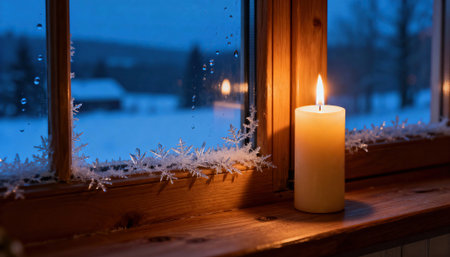 Candle burns on a wooden windowsill beside frosted glass and delicate ice crystals with a snowy blurred landscape outside. Warm indoor light contrasts cool blue tones and there is available space for text on the left sideの素材