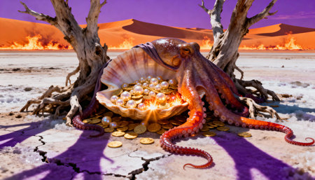 Octopus perched on a seashell filled with gold coins and pearls, surrounded by a surreal desert scene with fiery dunes and barren trees. Vibrant and imaginative composition.の素材