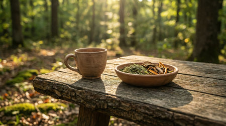 Cup and bowl rest on a weathered wooden table in a sunlit forest with warm golden light and shallow depth of field. Blurred background provides copyspace and empty area for text or design near the right of the compositionの素材