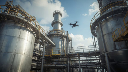 Drone conducting an aerial inspection of a modern industrial refinery plant. The scene features large metal tanks, chimneys, and detailed infrastructure under a clear sky.の素材