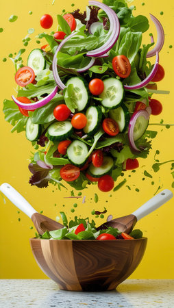 Fresh vegetable salad featuring cherry tomatoes, cucumber slices, red onion, and mixed greens. Ingredients appear to be tossed above a wooden bowl against a vibrant yellow background.の素材