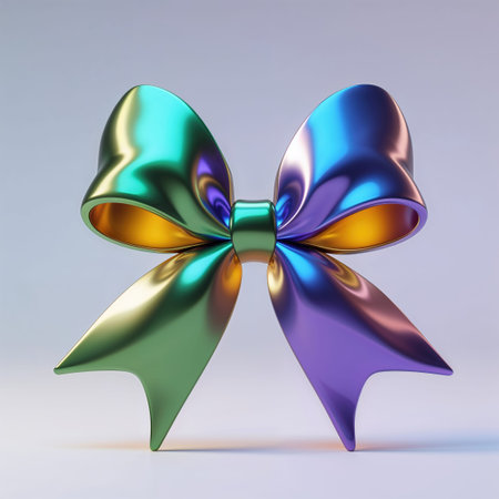 Metallic rainbow-colored bow with a glossy and reflective surface, showcasing vibrant hues of green, blue, purple, and gold on a soft gradient background.の素材