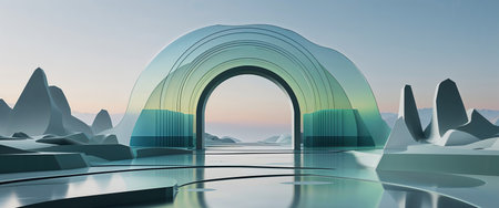 Futuristic glass arch structure standing over a reflective water surface in a surreal landscape. Surrounded by abstract mountains under a soft sunrise sky.の素材