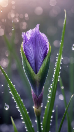 Close-up of a purple iris flower bud covered in water droplets, surrounded by green leaves in a dewy garden. Soft sunlight and bokeh in the background.の素材