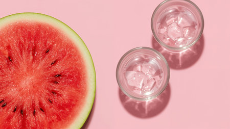 Close-up of a juicy watermelon slice next to two glasses filled with ice cubes on a vibrant pink background. Perfect for summer refreshment themes.の素材