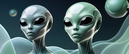 Two humanoid aliens with large black eyes and smooth green skin in a futuristic sci-fi setting. Abstract background with glowing orbs and fluid shapes.の素材