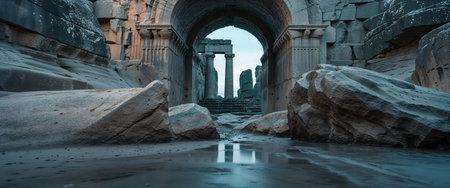 Ancient stone ruins featuring an arched entrance and weathered columns, surrounded by large boulders. A reflective water surface adds depth to the serene dusk scene.の素材