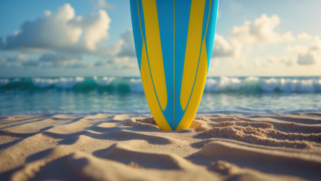 Brightly colored surfboard positioned upright on a sandy beach, with gentle ocean waves and a partly cloudy sky creating a serene coastal scene.の素材
