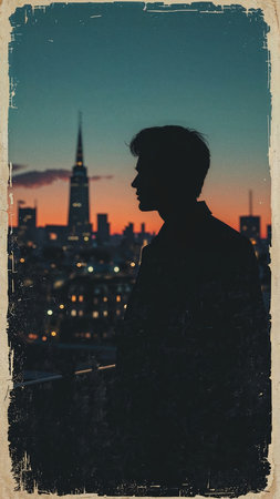 Silhouette of a man standing on a balcony overlooking a city skyline at sunset. The scene features warm hues, urban lights, and a vintage grunge border effect.の素材