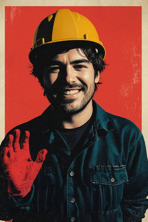 Portrait of a smiling worker wearing a yellow hard hat, dark uniform, and red glove. The vibrant red background adds contrast and highlights the subject.の素材