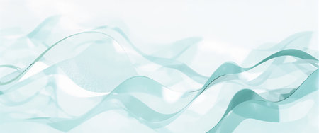 Abstract design featuring flowing turquoise wave patterns on a white background. Translucent curves and soft gradients create a modern, fluid aesthetic.の素材