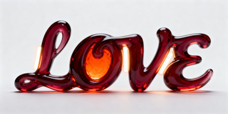 Glossy red glass text spelling "LOVE" with a glowing illuminated background. The design conveys romance, passion, and affection, ideal for Valentine's Day or love-themed concepts.の素材