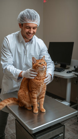 Veterinarian wearing a lab coat, gloves, and hairnet gently examining a ginger cat on a stainless steel table in a modern veterinary clinic. The cat looks calm and attentive.の素材