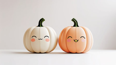 Adorable white and orange pumpkins with cheerful smiling faces, placed on a white surface. Ideal for autumn, Halloween, or festive decoration themes.の素材